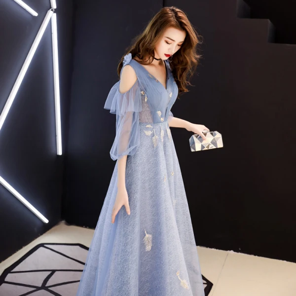 Chic / Beautiful Sky Blue Evening Dresses 2019 A-Line / Princess V-Neck Lace Flower 1/2 Sleeves Backless Floor-Length / Long Formal Dresses