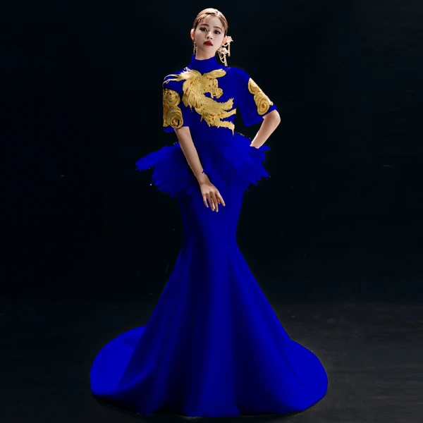 Chinese style Vintage / Retro Ivory Evening Dresses 2019 Trumpet / Mermaid High Neck Embroidered 1/2 Sleeves Backless Court Train Formal Dresses
