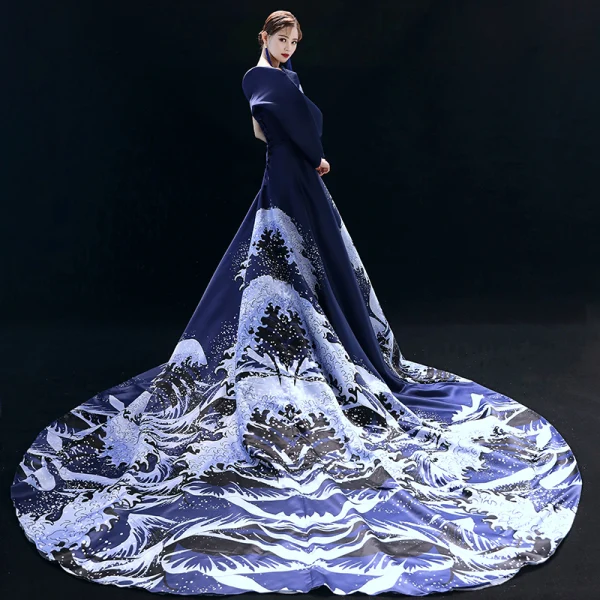 Vintage / Retro Chinese style Navy Blue Evening Dresses  2019 A-Line / Princess One-Shoulder Printing Long Sleeve Chapel Train Formal Dresses