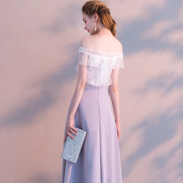 Elegante Lavendel Abendkleider 2019 A Linie Off Shoulder Spitze Kurze Ärmel Rückenfreies Lange Festliche Kleider