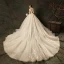 Élégant Champagne Robe De Mariée 2019 Princesse Col Haut Perlage En Dentelle Fleur Mancherons Dos Nu Cathedral Train