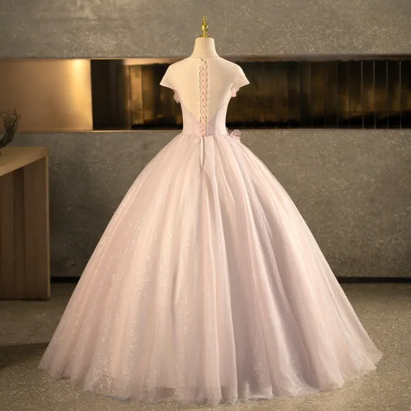 Flower Fairy Champagne Sequins Appliques Prom Dresses 2026 Ball Gown Scoop Neck Sleeveless Backless Floor-Length / Long Formal Dresses