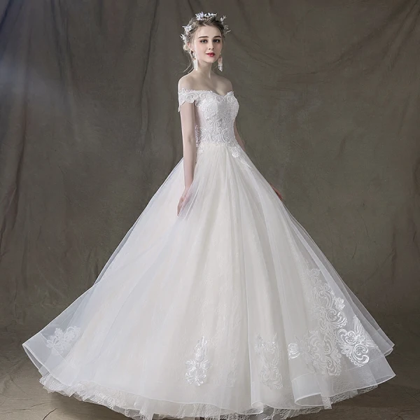 Elegant Champagne Wedding Dresses 2018 Ball Gown Lace Flower Off-The-Shoulder Backless Sleeveless Floor-Length / Long Wedding
