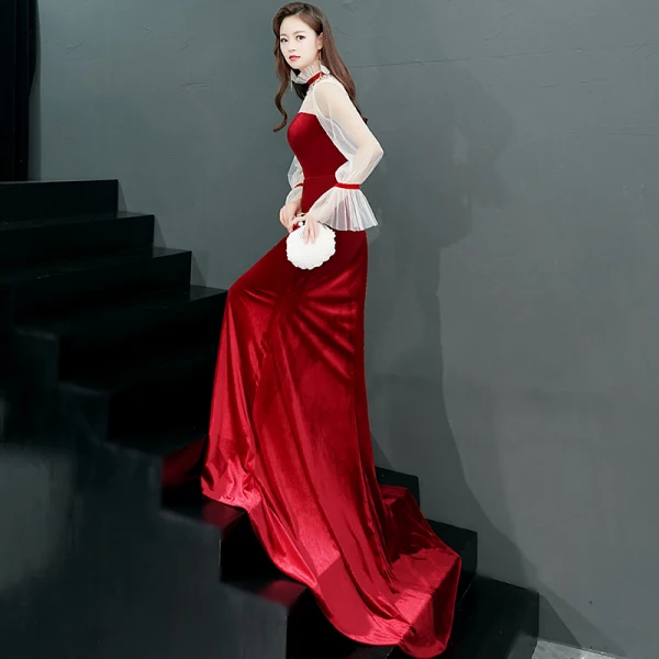 Chic / Beautiful Burgundy Evening Dresses 2019 Trumpet / Mermaid High Neck Rhinestone Bell sleeves Sweep Train Formal Dresses