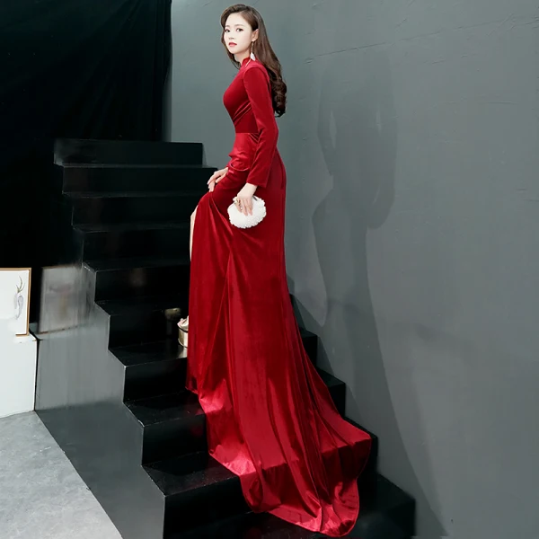 Chic / Beautiful Burgundy Evening Dresses 2019 Trumpet / Mermaid V-Neck Suede Long Sleeve Split Front Court Train Formal Dresses