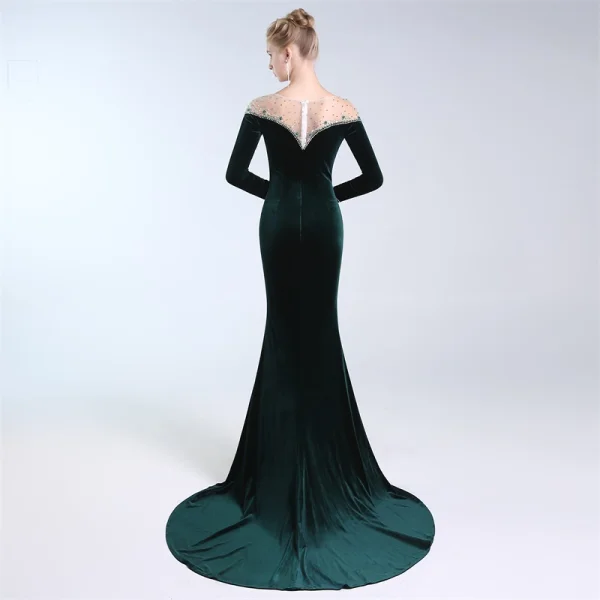 Élégant Vert Foncé Robe De Soirée 2019 Trompette / Sirène Encolure Dégagée Perlage Cristal Paillettes Manches Longues Daim Train De Balayage Robe De Ceremonie