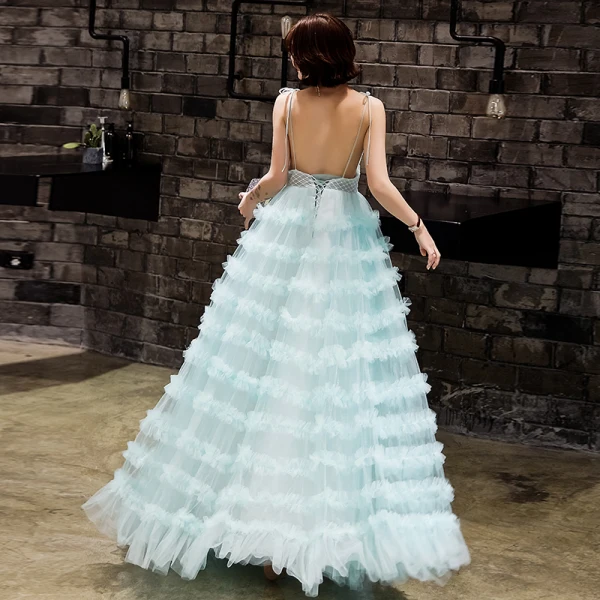 Modern / Fashion Jade Green Evening Dresses  2019 A-Line / Princess Bow Spaghetti Straps Ruffle Flower Sleeveless Backless Floor-Length / Long Formal Dresses