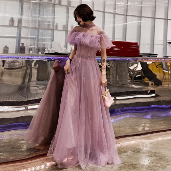 Chic / Beautiful Blushing Pink Evening Dresses  2019 A-Line / Princess Scoop Neck Pearl Short Sleeve Backless Ruffle Floor-Length / Long Formal Dresses