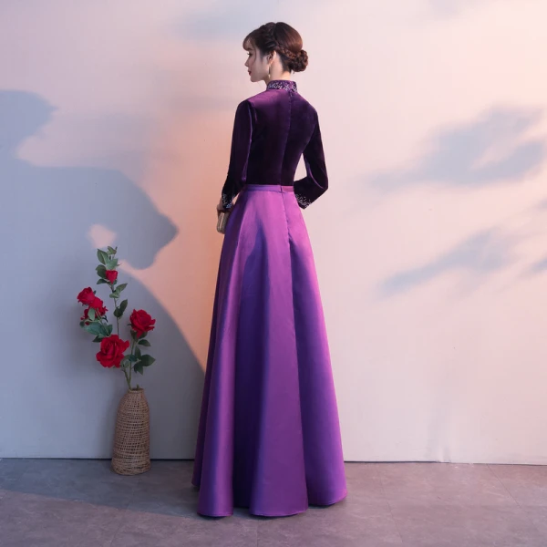 Vintage / Retro Grape Evening Dresses 2019 A-Line / Princess V-Neck Bow 3/4 Sleeve Floor-Length / Long Formal Dresses