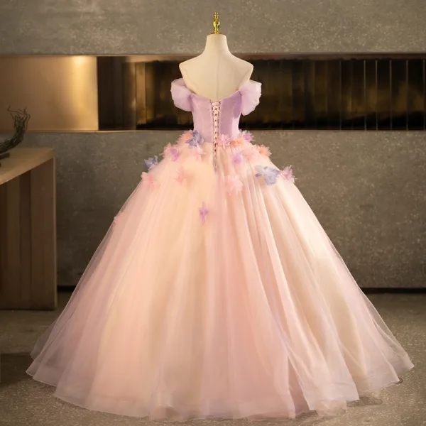 Elegante Rosa Applikationen Ballkleider 2014 Ballkleid Off Shoulder Kurze Ärmel Rückenfreies Lange Festliche Kleider