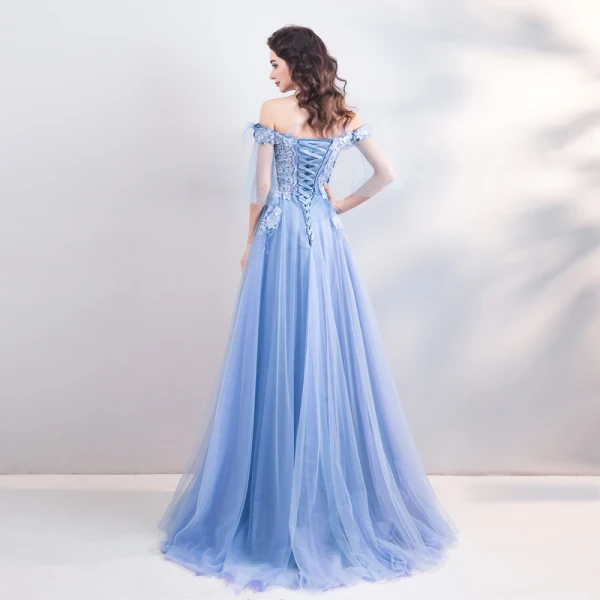 Chic / Beautiful Sky Blue Evening Dresses 2019 A-Line / Princess Off-The-Shoulder Lace Flower Pearl Rhinestone Short Sleeve Backless Floor-Length / Long Formal Dresses