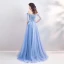 Chic / Beautiful Sky Blue Evening Dresses  2019 A-Line / Princess Off-The-Shoulder Lace Flower Pearl Rhinestone Short Sleeve Backless Floor-Length / Long Formal Dresses