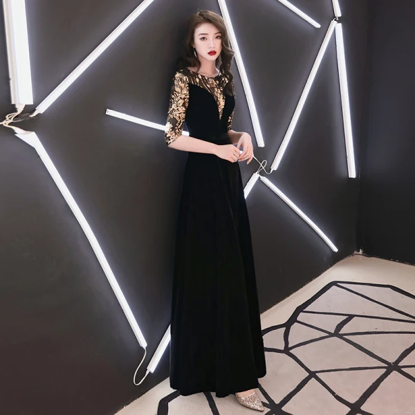 Elegant Black Evening Dresses 2019 A-Line / Princess Scoop Neck Sequins Suede 1/2 Sleeves Floor-Length / Long Formal Dresses