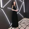 Elegant Black Evening Dresses  2019 A-Line / Princess Scoop Neck Sequins Suede 1/2 Sleeves Floor-Length / Long Formal Dresses