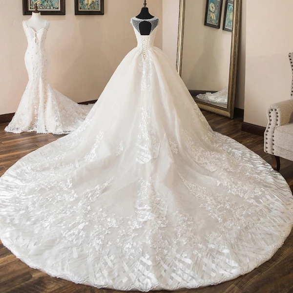 Luxury / Gorgeous Champagne Wedding Dresses 2019 A-Line / Princess Scoop Neck Beading Pearl Sequins Lace Flower Cap Sleeves Backless Cathedral Train