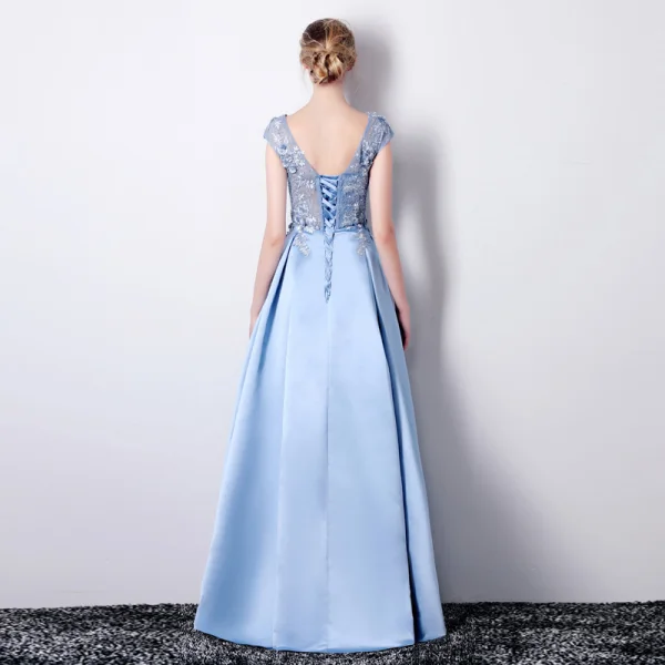 Chic / Belle Bleu Robe De Soirée 2019 Princesse Encolure Dégagée Appliques En Dentelle Fleur Faux Diamant Sans Manches Dos Nu Longue Robe De Ceremonie