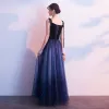 Charming Navy Blue Evening Dresses  2019 A-Line / Princess Suede Spaghetti Straps Bow Star Sleeveless Backless Floor-Length / Long Formal Dresses