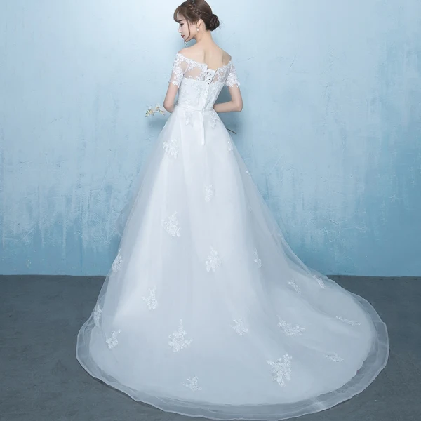 Elegant White Asymmetrical Wedding Dresses 2019 A-Line / Princess Off-The-Shoulder Sash Lace Flower Short Sleeve Backless