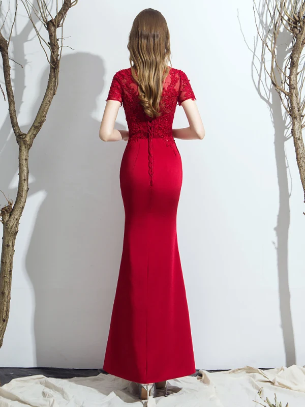 Chic / Beautiful Burgundy Evening Dresses  2019 Trumpet / Mermaid High Neck Backless Crystal Rhinestone Lace Flower Short Sleeve Floor-Length / Long Formal Dresses