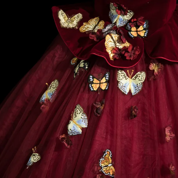 Elegant Burgundy Appliques 3D Lace Butterfly Prom Dresses 2025 Ball Gown Off-The-Shoulder Short Sleeve Backless Floor-Length / Long Formal Dresses