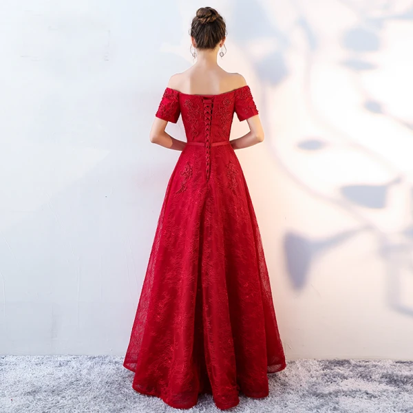 Chic / Beautiful Burgundy Evening Dresses 2019 A-Line / Princess Off-The-Shoulder Beading Crystal Lace Flower Short Sleeve Backless Floor-Length / Long Formal Dresses