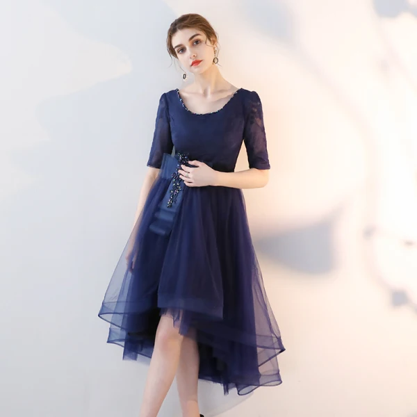 Chic / Beautiful Navy Blue Cocktail Dresses A-Line / Princess Scoop Neck Beading Sequins Bow 1/2 Sleeves Backless Asymmetrical Formal Dresses