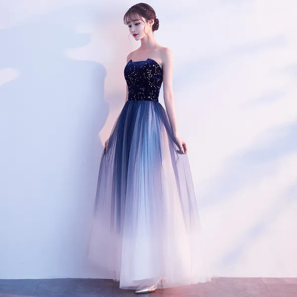 Charming Navy Blue Prom Dresses A-Line / Princess 2019 Strapless Suede ...
