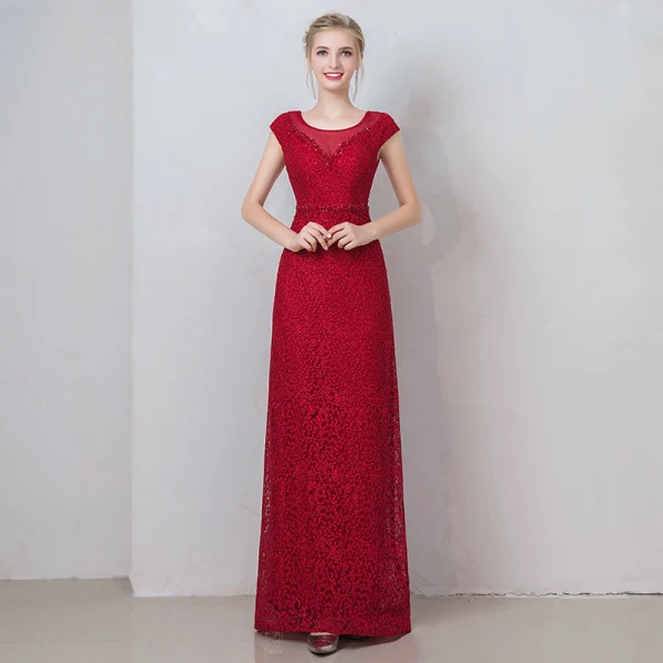 Chic / Beautiful Burgundy Evening Dresses 2019 A-Line / Princess Scoop Neck Crystal Lace Flower Short Sleeve Backless Floor-Length / Long Formal Dresses