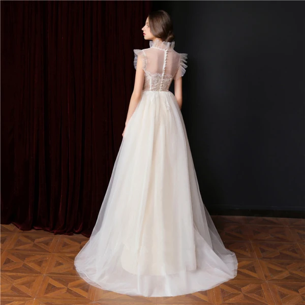 Vintage / Retro Champagne Lace Flower Prom Dresses Wedding Dresses 2021 A-Line / Princess High Neck Sleeveless Sweep Train Formal Dresses