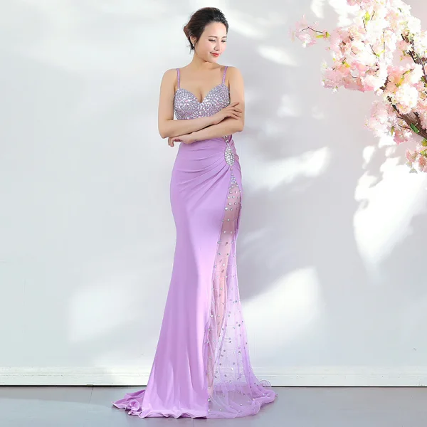 Sexy Noire Robe De Soirée 2018 Trompette / Sirène Paillettes Bretelles Spaghetti Dos Nu Sans Manches Longue Robe De Ceremonie