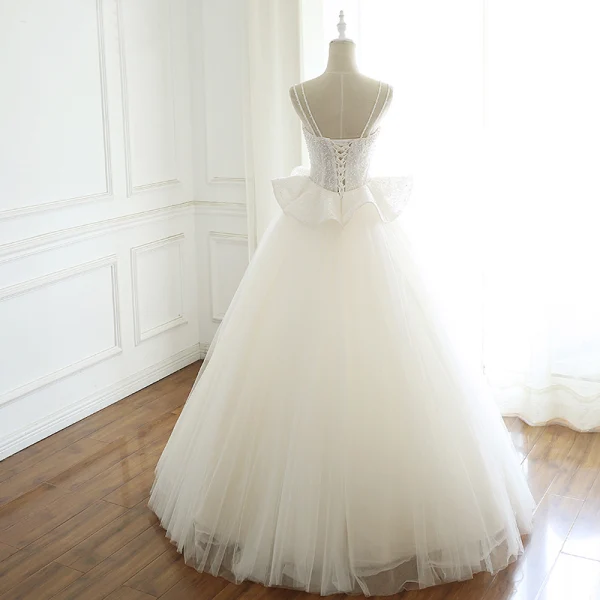 Élégant Ivoire Robe De Mariée 2019 Princesse Bretelles Spaghetti Perlage Paillettes Perle En Dentelle Fleur Sans Manches Dos Nu Longue