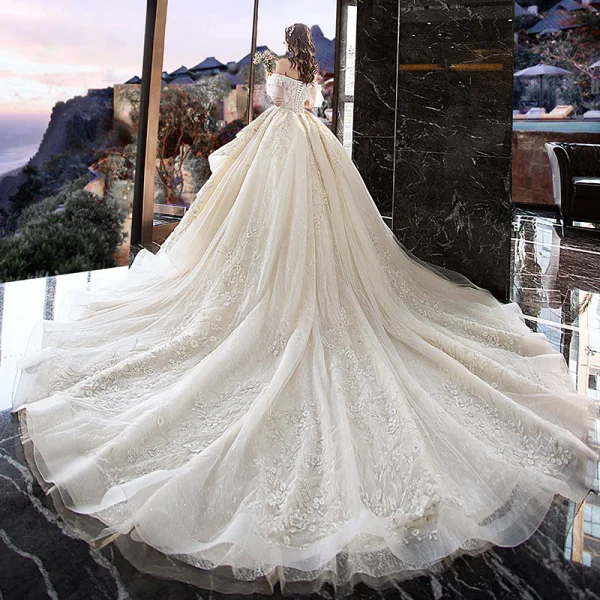 Charming Champagne Wedding Dresses 2019 A-Line / Princess Off-The-Shoulder Pearl Lace Flower Short Sleeve Backless Cascading Ruffles Cathedral Train