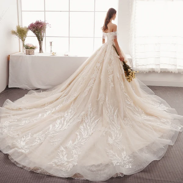 Elegant Champagne Wedding Dresses 2019 A-Line / Princess Off-The-Shoulder Beading Tassel Pearl Lace Flower Short Sleeve Backless Cathedral Train