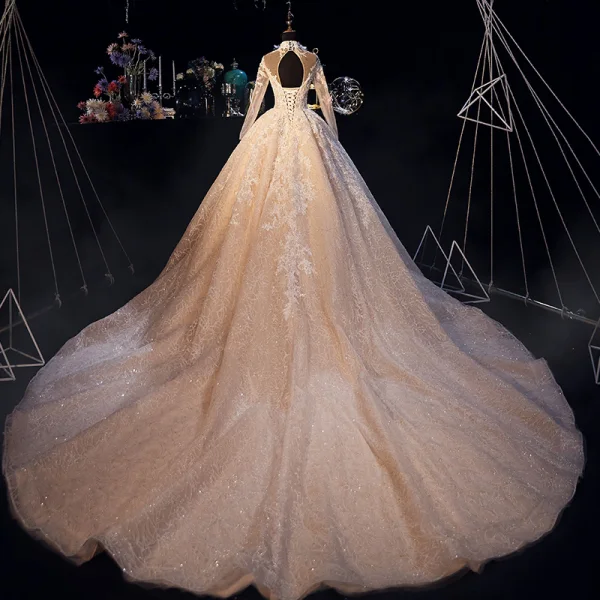 Luxury / Gorgeous Champagne Wedding Dresses 2019 A-Line / Princess High Neck Glitter Beading Lace Flower Pearl Crystal Long Sleeve Backless Royal Train