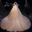 Luxury / Gorgeous Champagne Wedding Dresses 2019 A-Line / Princess High Neck Glitter Beading Lace Flower Pearl Crystal Long Sleeve Backless Royal Train