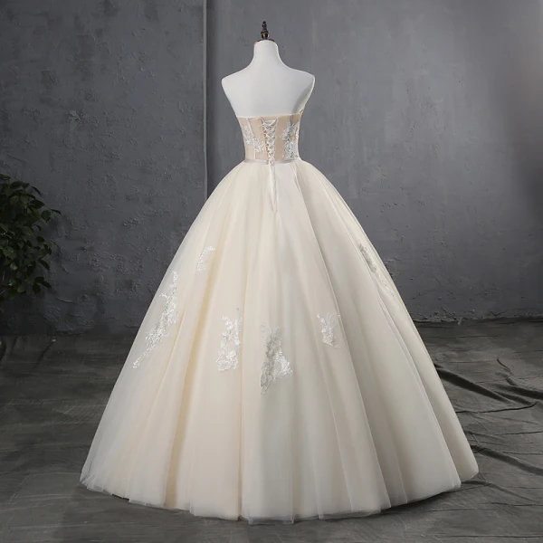Elegant Champagne Wedding Dresses 2019 Ball Gown Strapless Lace Flower Sleeveless Backless Floor-Length / Long