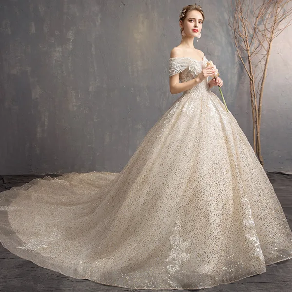 Charming Champagne Wedding Dresses 2019 Ball Gown Off-The-Shoulder Short Sleeve Backless Flower Glitter Lace Pearl Chapel Train