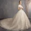 Charming Champagne Wedding Dresses 2019 Ball Gown Off-The-Shoulder Short Sleeve Backless Flower Glitter Lace Pearl Chapel Train