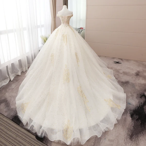 Elegant Champagne Wedding Dresses 2019 Ball Gown Off-The-Shoulder Beading Pearl Sequins Lace Flower Sleeveless Backless Chapel Train