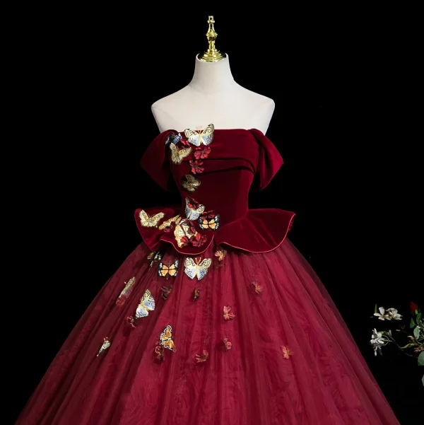 Elegant Burgundy Appliques 3D Lace Butterfly Prom Dresses 2025 Ball Gown Off-The-Shoulder Short Sleeve Backless Floor-Length / Long Formal Dresses