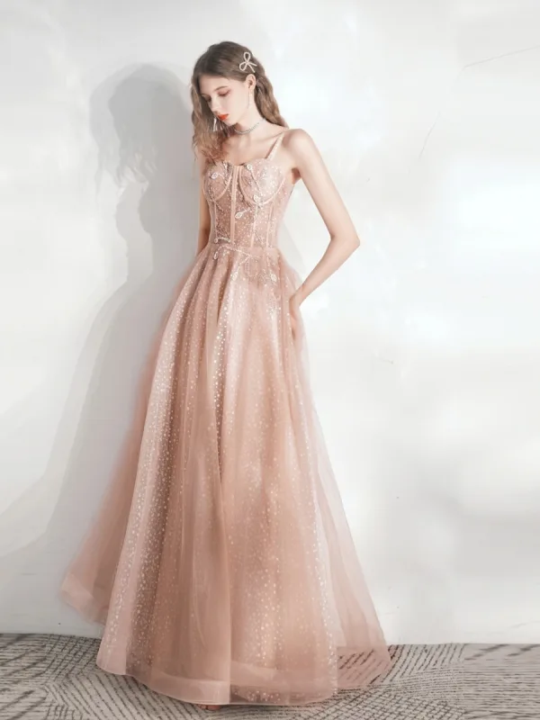 Chic / Beautiful Champagne Prom Dresses 2021 A-Line / Princess Spaghetti Straps Beading Lace Flower Sleeveless Backless Floor-Length / Long Formal Dresses