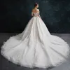 Audrey Hepburn Style Ivory Wedding Dresses 2019 A-Line / Princess Off-The-Shoulder Sequins Crystal Lace Flower Short Sleeve Backless Cathedral Train