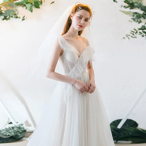 Chic / Belle Ivoire Robe De Soirée 2019 Princesse Bretelles Spaghetti Perlage En Dentelle Fleur Dos Nu Longue Robe De Ceremonie
