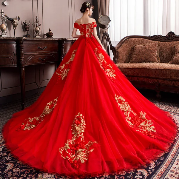Schöne Rot Brautkleider / Hochzeitskleider 2019 A Linie Off Shoulder Pailletten Spitze Blumen Kurze Ärmel Rückenfreies Kathedrale Schleppe