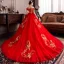Schöne Rot Brautkleider / Hochzeitskleider 2019 A Linie Off Shoulder Pailletten Spitze Blumen Kurze Ärmel Rückenfreies Kathedrale Schleppe