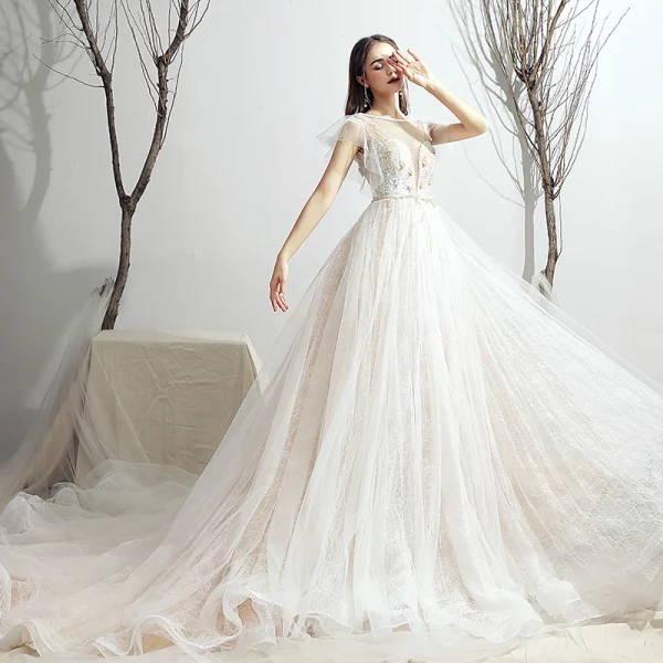 Chic / Belle Ivoire Robe De Mariée 2019 Princesse Encolure Dégagée Appliques En Dentelle Fleur Noeud Manches Courtes Dos Nu Chapel Train