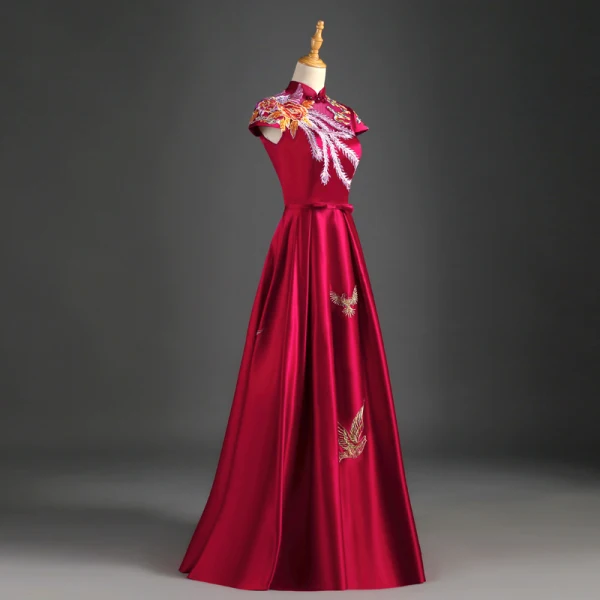 Chinese style Burgundy Evening Dresses 2019 A-Line / Princess High Neck Appliques Lace Bow Cap Sleeves Backless Floor-Length / Long Formal Dresses