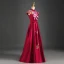 Chinese style Burgundy Evening Dresses  2019 A-Line / Princess High Neck Appliques Lace Bow Cap Sleeves Backless Floor-Length / Long Formal Dresses