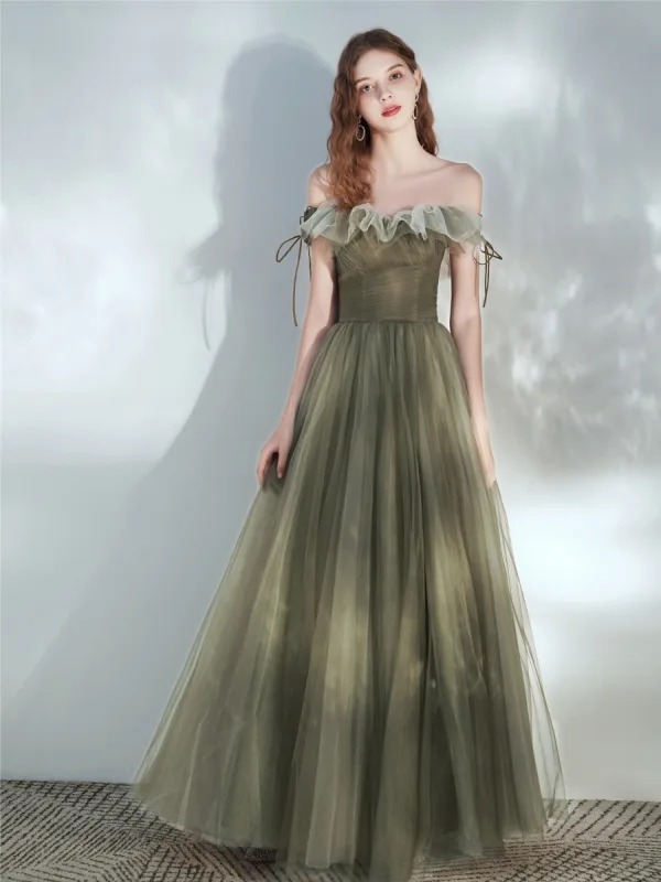 Fashion Clover Green Prom Dresses 2021 A-Line / Princess Off-The-Shoulder Short Sleeve Backless Floor-Length / Long Prom Formal Dresses