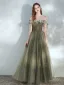 Fashion Clover Green Prom Dresses 2021 A-Line / Princess Off-The-Shoulder Short Sleeve Backless Floor-Length / Long Prom Formal Dresses
